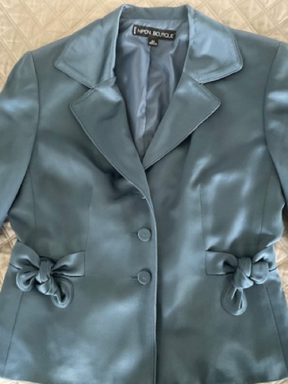 Nipon Boutique Teal Satin Blazer with Side Knot Details